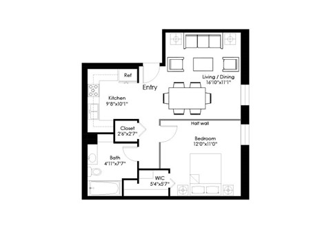 Floor plan for 1 bed, 1 bath, 556 sqft