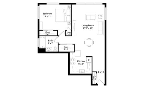 Floor plan for 1 bed, 1 bath, 525 sqft