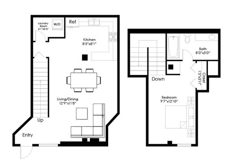 Floor plan for 1 bed, 1 bath, 646 sqft