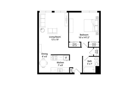 Floor plan for 1 bed, 1 bath, 620 sqft