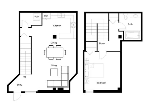 Floor plan for 1 bed, 1 bath, 680 sqft