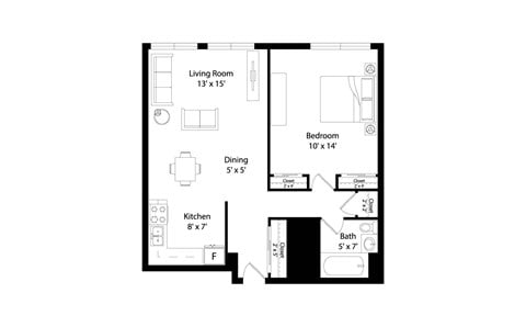 Floor plan for 1 bed, 1 bath, 600 sqft