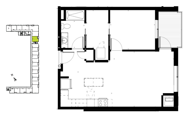 Floor plan for 1 bed, 1 bath, 792 sqft