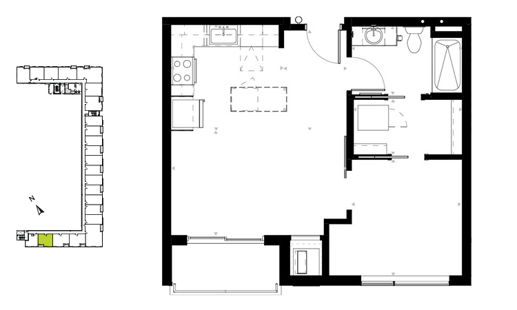 Floor plan for 1 bed, 1 bath, 609 sqft