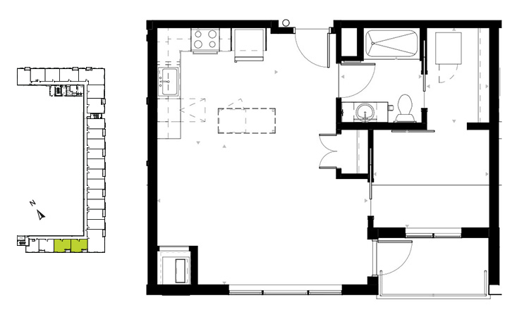 Floor plan for 1 bed, 1 bath, 667 sqft