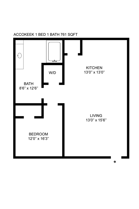 Floor plan for 1 bed, 1 bath, 761 sqft