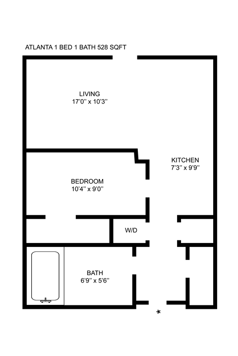 Floor plan for 1 bed, 1 bath, 528 sqft