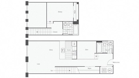 Floor plan for 1 bed, 2 baths, 952 sqft