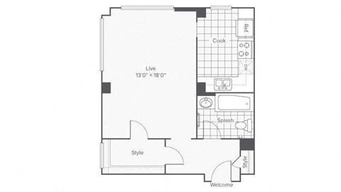 Floor plan for studio, 1 bath