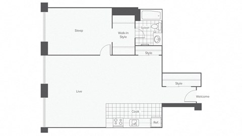 Floor plan for 1 bed, 1 bath, 820 sqft
