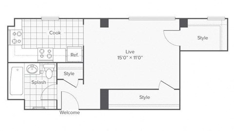 Floor plan for studio, 1 bath