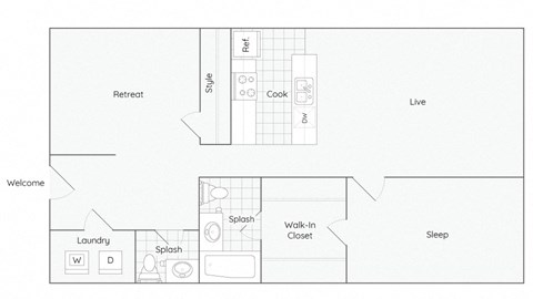 Floor plan for 1 bed, 1.5 baths, 1049 sqft