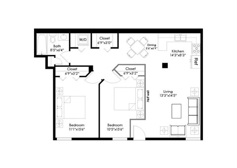 Floor plan for 2 beds, 1 bath, 817 sqft