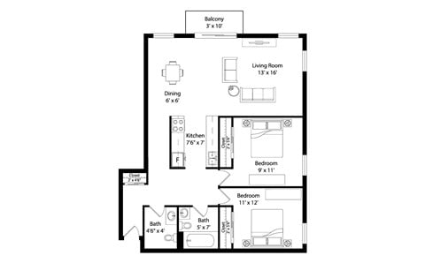 Floor plan for 2 beds, 1.5 baths, 885 sqft