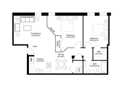 Floor plan for 2 beds, 1 bath, 875 sqft