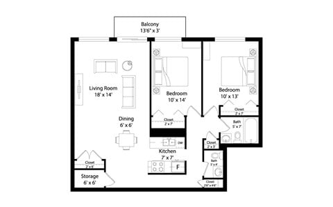 Floor plan for 2 beds, 1.5 baths, 980 sqft