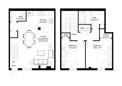Floor plan for 2 beds, 1.5 baths, 813 sqft