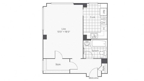 Floor plan for studio, 1 bath