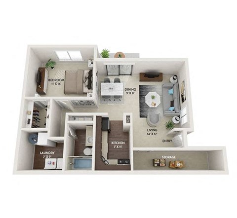 Floor plan for 1 bed, 1 bath, 835 sqft