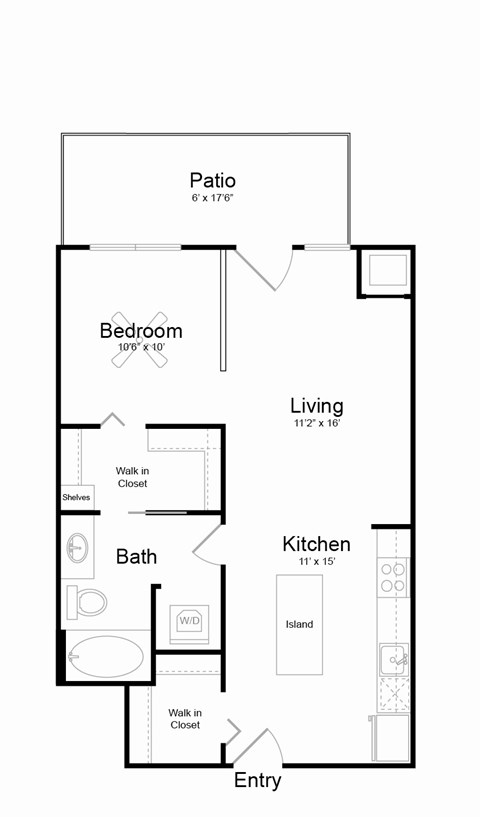 Floor plan for 1 bed, 1 bath, 676 sqft