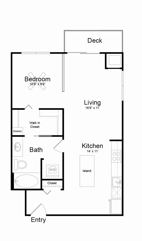 Floor plan for 1 bed, 1 bath, 685 sqft