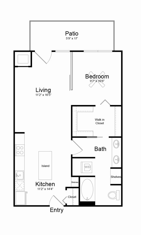Floor plan for 1 bed, 1 bath, 697 sqft