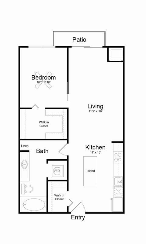 Floor plan for 1 bed, 1 bath, 697 sqft