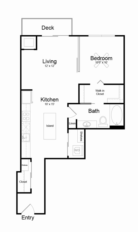 Floor plan for 1 bed, 1 bath, 701 sqft