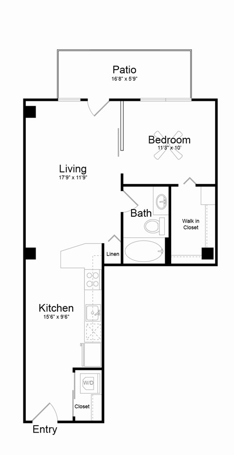 Floor plan for 1 bed, 1 bath, 712 sqft