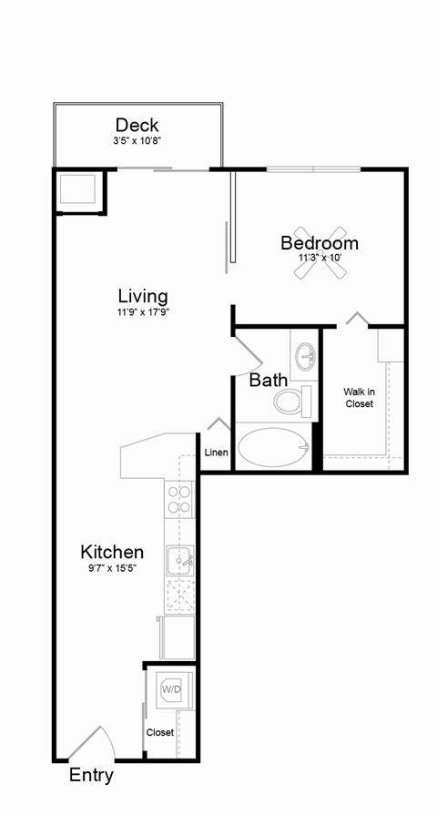 Floor plan for 1 bed, 1 bath, 712 sqft