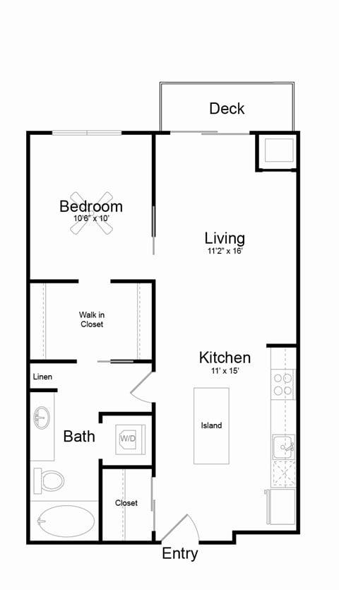 Floor plan for 1 bed, 1 bath, 715 sqft