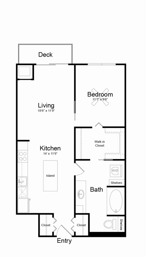 Floor plan for 1 bed, 1 bath, 730 sqft