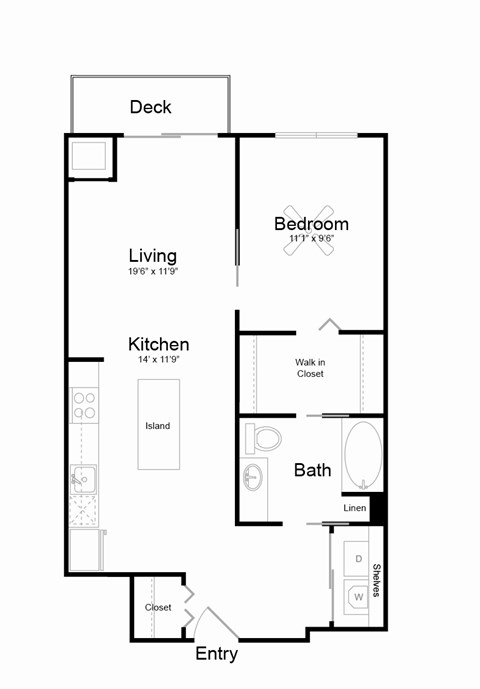 Floor plan for 1 bed, 1 bath, 730 sqft