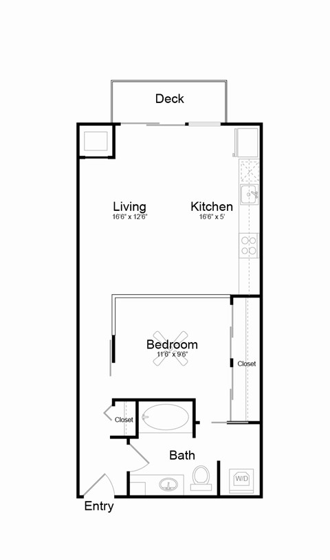 Floor plan for studio, 1 bath, 966 sqft