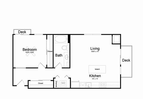 Floor plan for 1 bed, 1 bath, 740 sqft