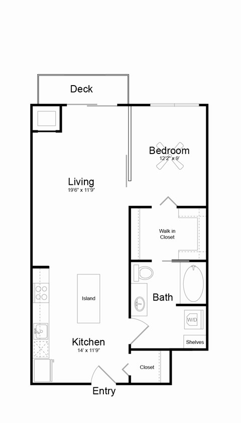 Floor plan for 1 bed, 1 bath, 745 sqft