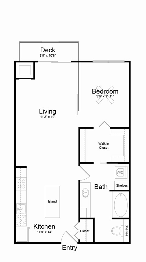 Floor plan for 1 bed, 1 bath, 753 sqft