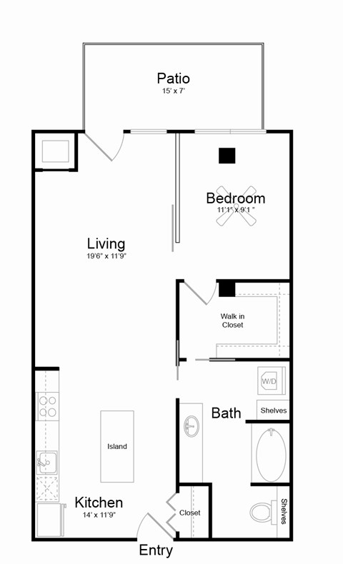 Floor plan for 1 bed, 1 bath, 753 sqft