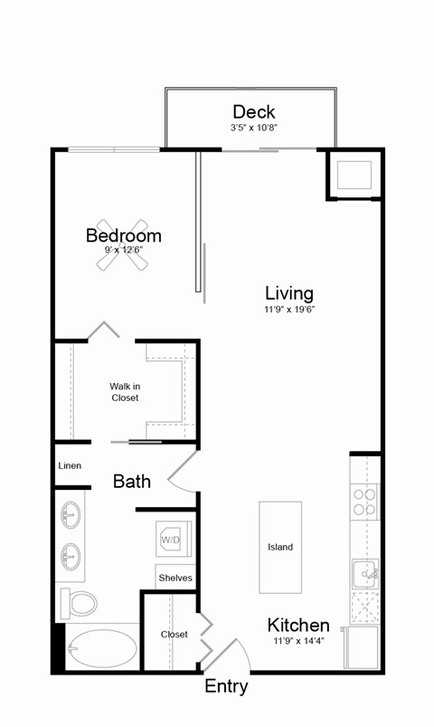 Floor plan for 1 bed, 1 bath, 763 sqft