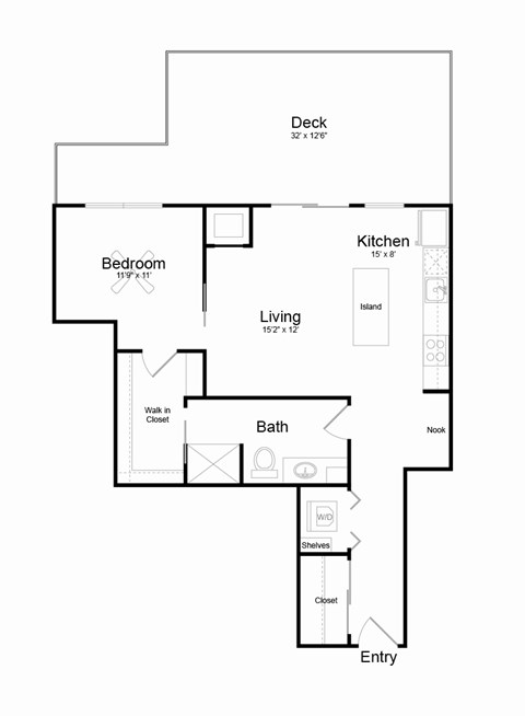 Floor plan for 1 bed, 1 bath, 797 sqft