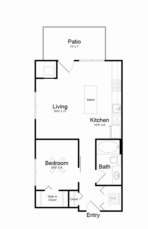 Floor plan for 1 bed, 1 bath, 640 sqft