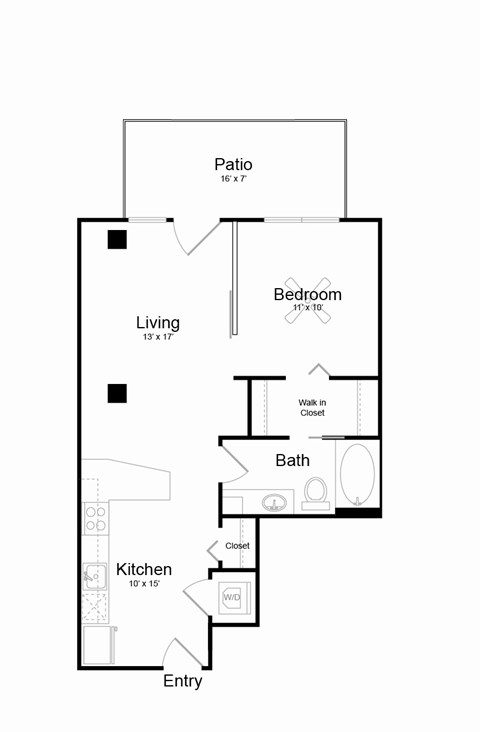 Floor plan for 1 bed, 1 bath, 640 sqft