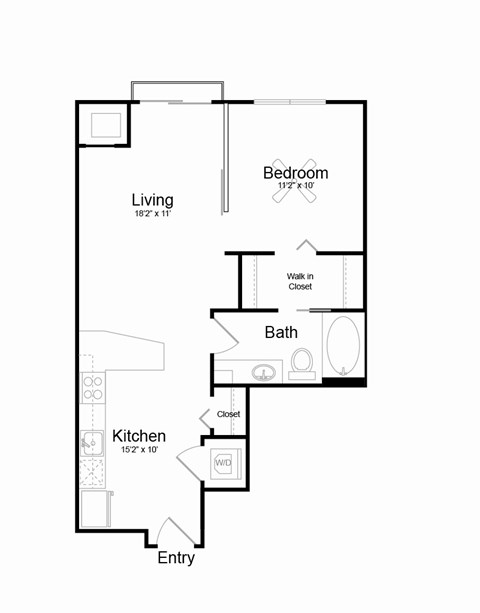 Floor plan for 1 bed, 1 bath, 640 sqft