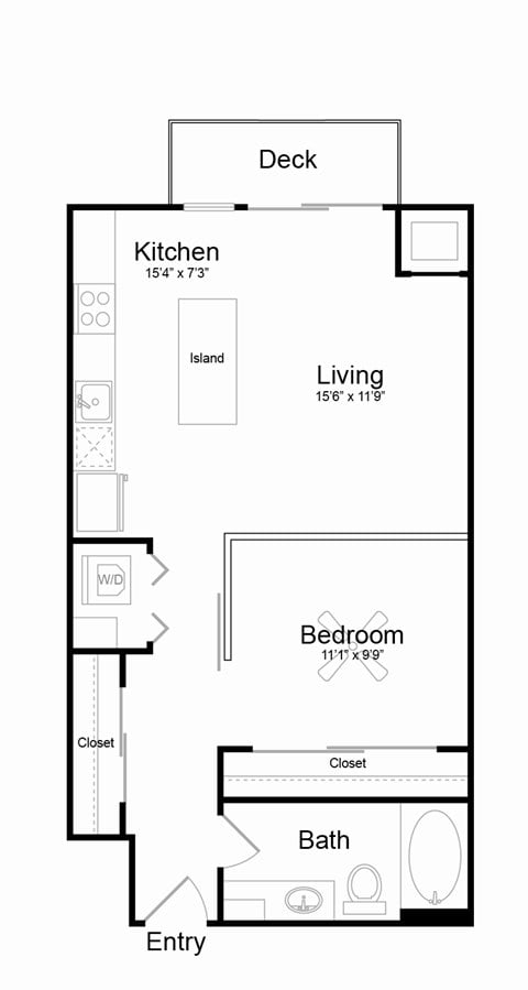 Floor plan for studio, 1 bath, 663 sqft