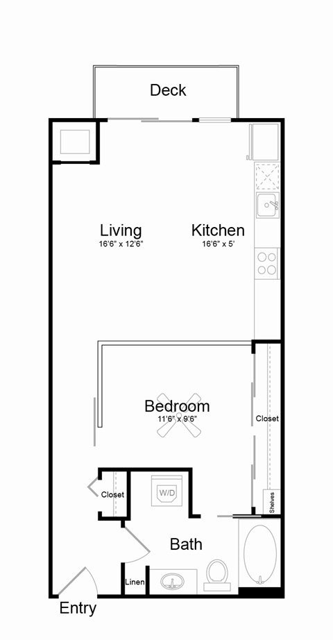 Floor plan for studio, 1 bath, 673 sqft