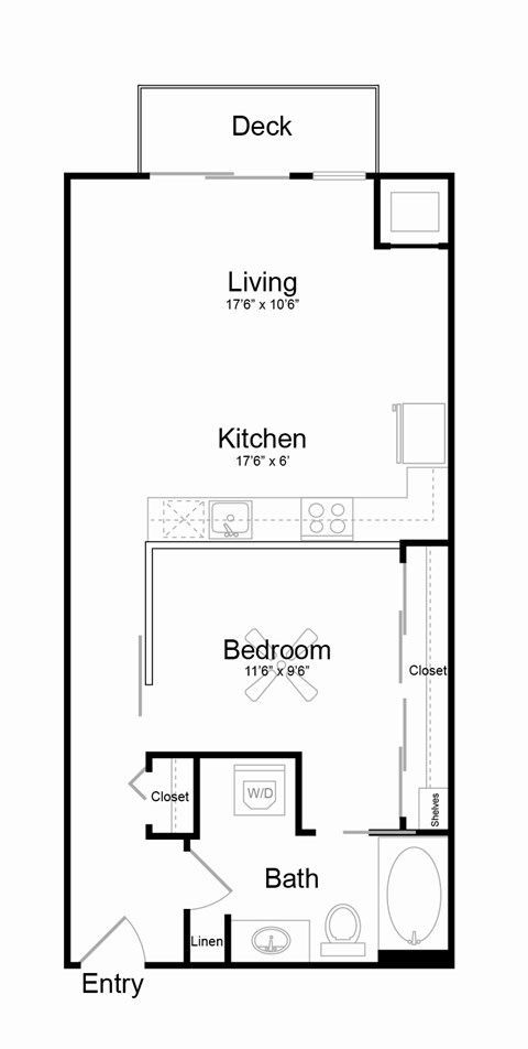 Floor plan for studio, 1 bath, 673 sqft