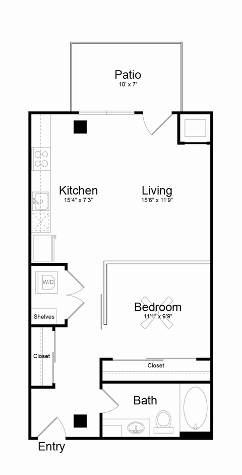 Floor plan for studio, 1 bath, 676 sqft