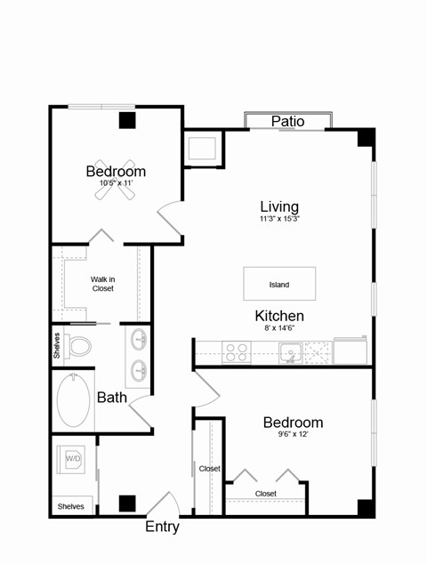 Floor plan for 2 beds, 1 bath, 922 sqft