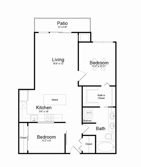 Floor plan for 2 beds, 1 bath, 990 sqft