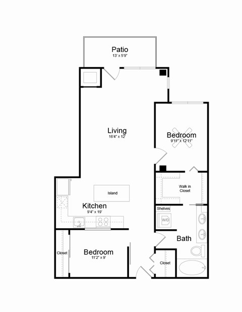 Floor plan for 2 beds, 1 bath, 1069 sqft